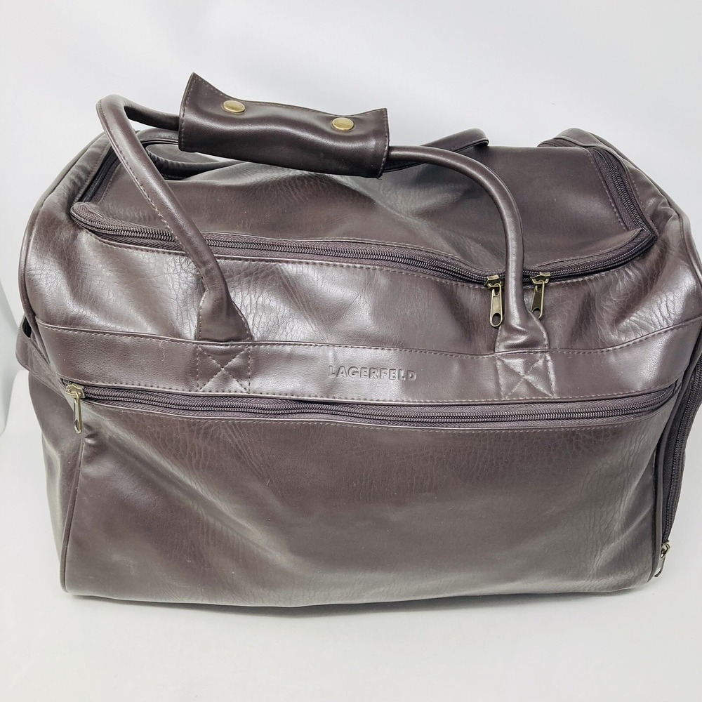 KARL LAGARFELD PARFUMS Duffle Bag Brown faux leather large travel Gym Bag 18x13" - Picture 9 of 14